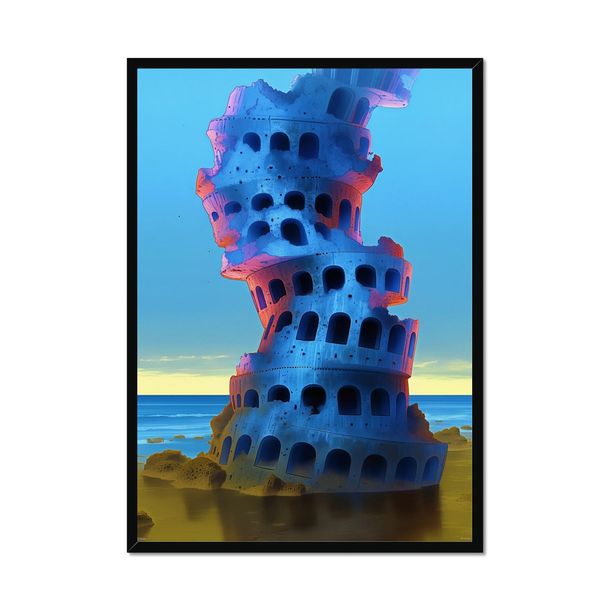 Echoes of the Blue Tower – Neon Surrealism – Framed Print by Soulkeeper2099