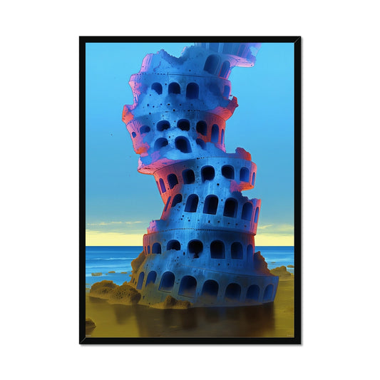 Echoes of the Blue Tower – Neon Surrealism – Framed Print by Soulkeeper2099