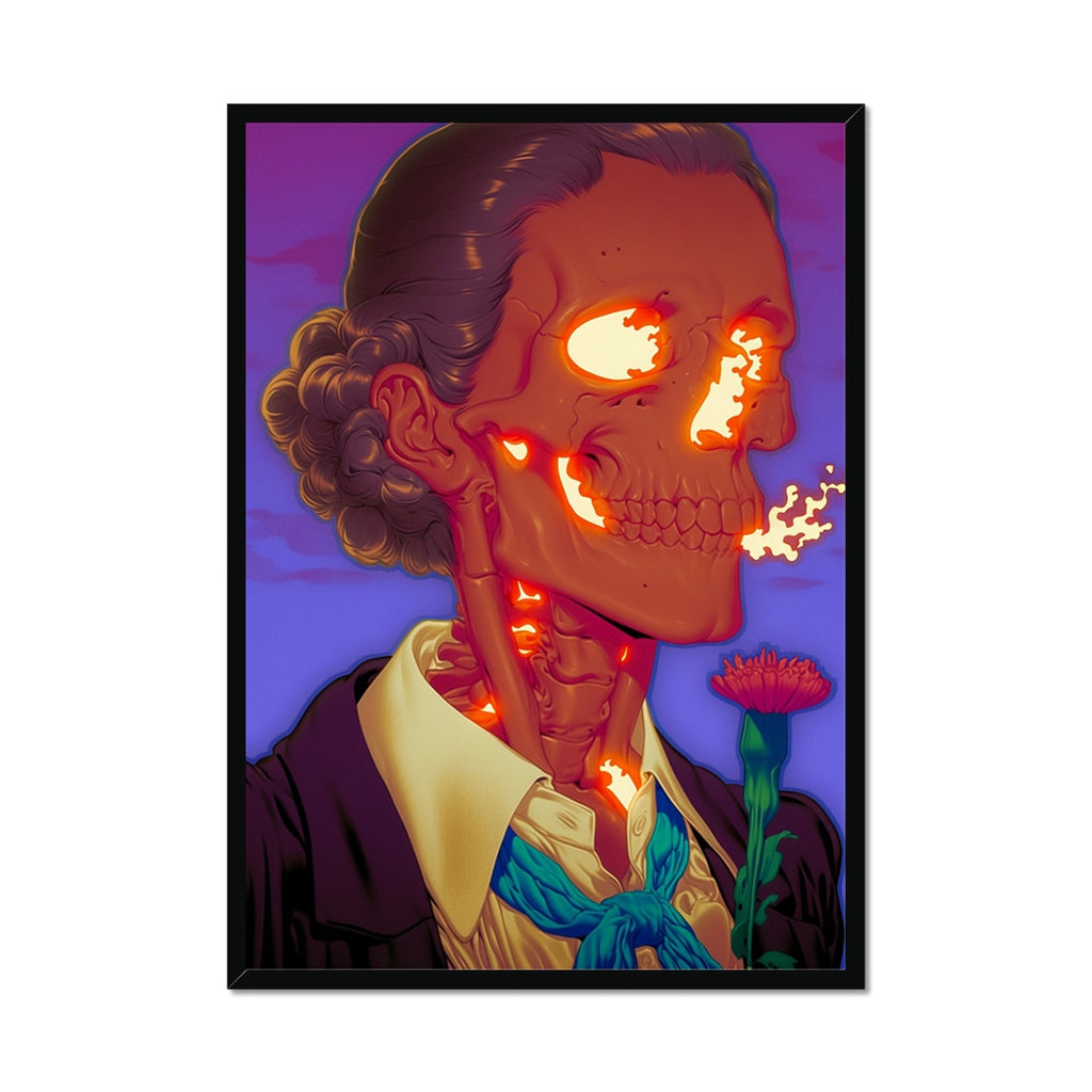 Profile portrait of a woman with glowing ember-cracked skin revealing fire within, curly upswept hair, holding a single red flower against a purple sky; surreal body-horror, black frame.