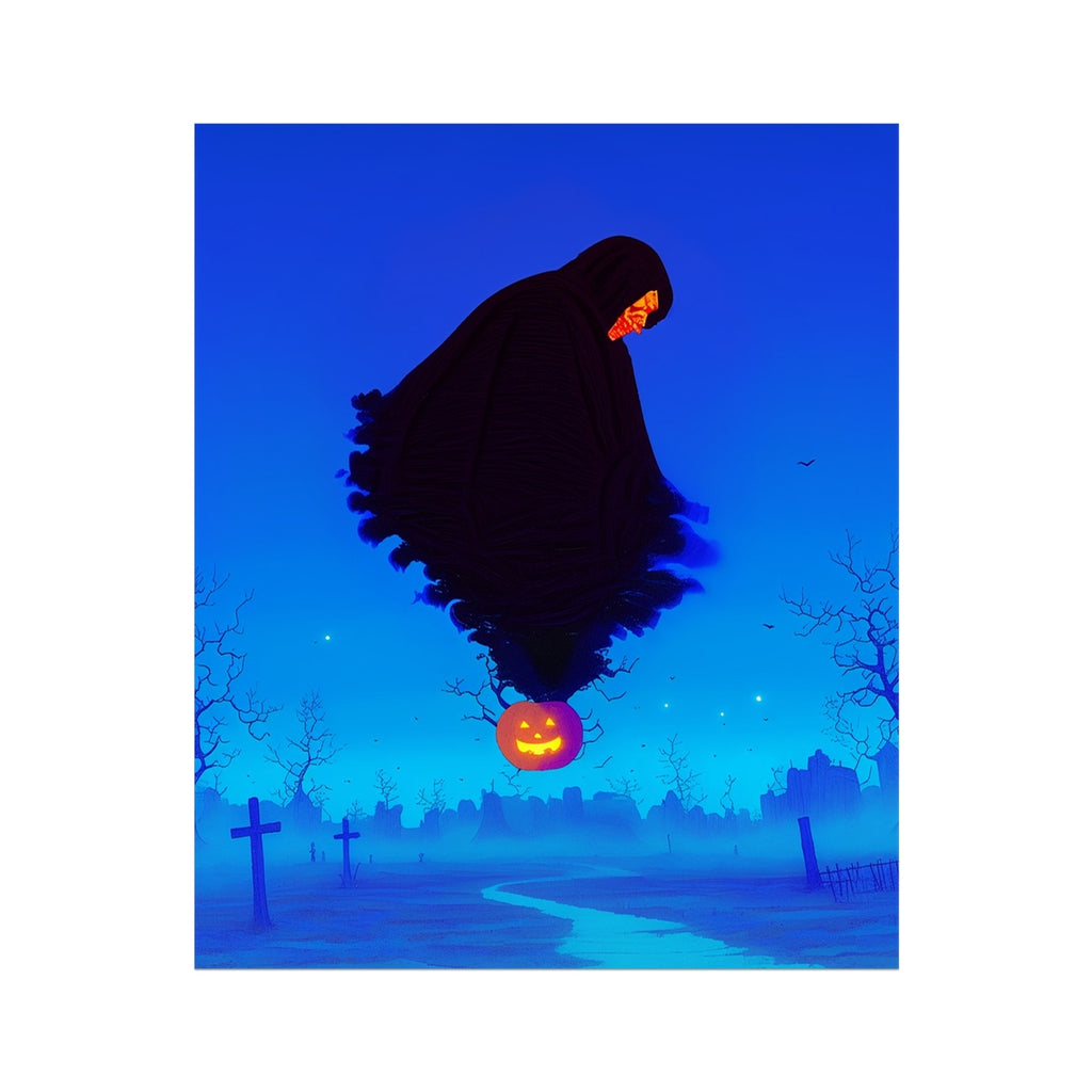 The Hollow Ascension — towering black-robed hooded figure floating above a misty blue graveyard with crosses and a winding path, a glowing jack-o'-lantern beneath it, surreal Halloween art print by Soulkeeper.2099