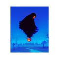 The Hollow Ascension — towering black-robed hooded figure floating above a misty blue graveyard with crosses and a winding path, a glowing jack-o'-lantern beneath it, surreal Halloween art print by Soulkeeper.2099