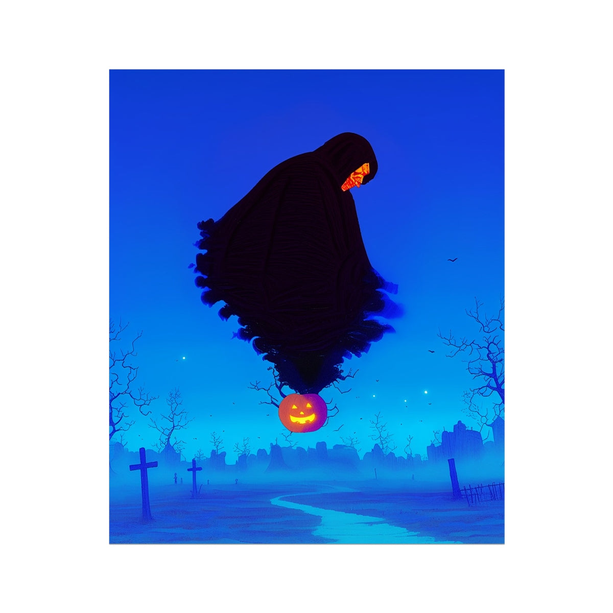 The Hollow Ascension — towering black-robed hooded figure floating above a misty blue graveyard with crosses and a winding path, a glowing jack-o'-lantern beneath it, surreal Halloween art print by Soulkeeper.2099