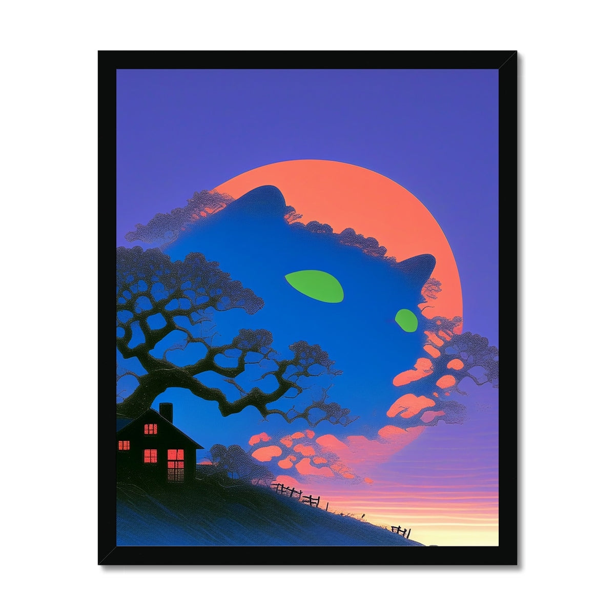 Giant cat-shaped shadow with glowing green eyes looms over a tree and lit cottage on a hillside at dusk, a huge orange moon rising; surreal, ominous, black frame.