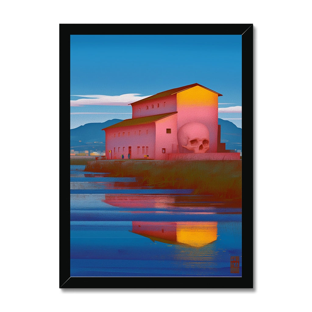 Pink coastal building with a giant embedded white skull and a glowing yellow gable, misty mountains behind, mirrored in still water at dusk; surreal dreamlike, black frame.