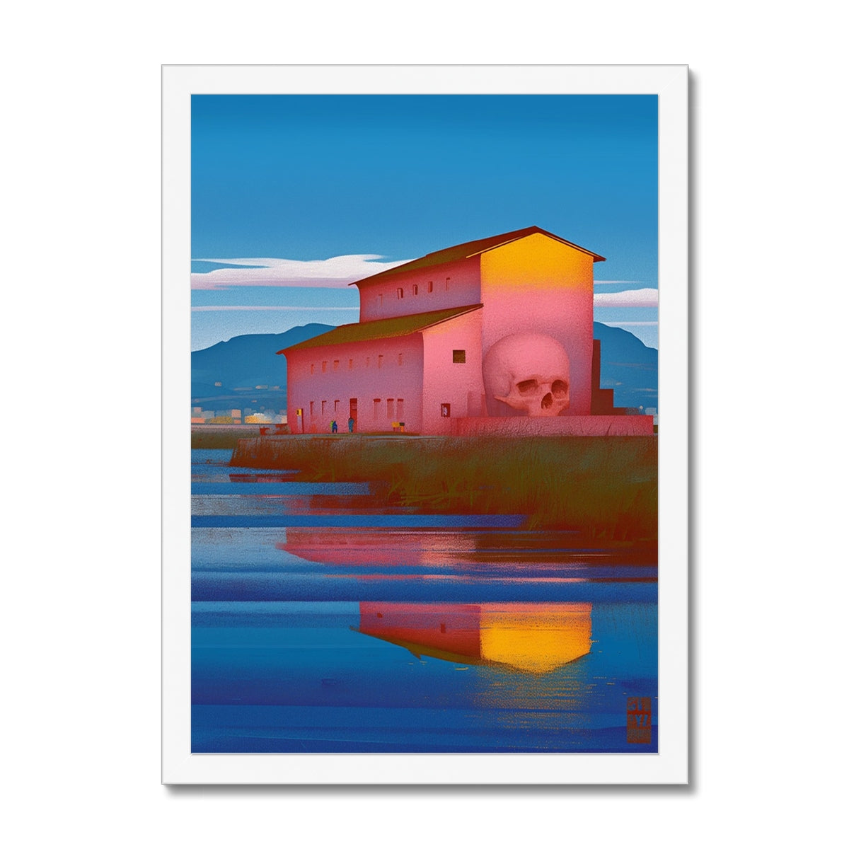 Pink coastal building with a giant embedded white skull and a glowing yellow gable, misty mountains behind – white framed art print by Soulkeeper2099.