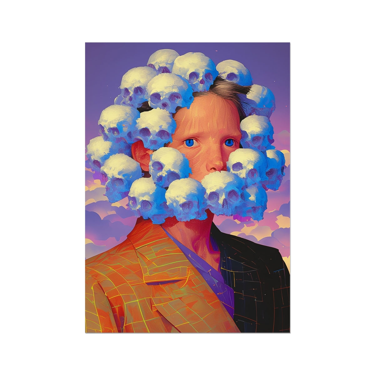 Young person's face ringed by a crown of pale blue-white skulls – unframed giclée art print by Soulkeeper2099.