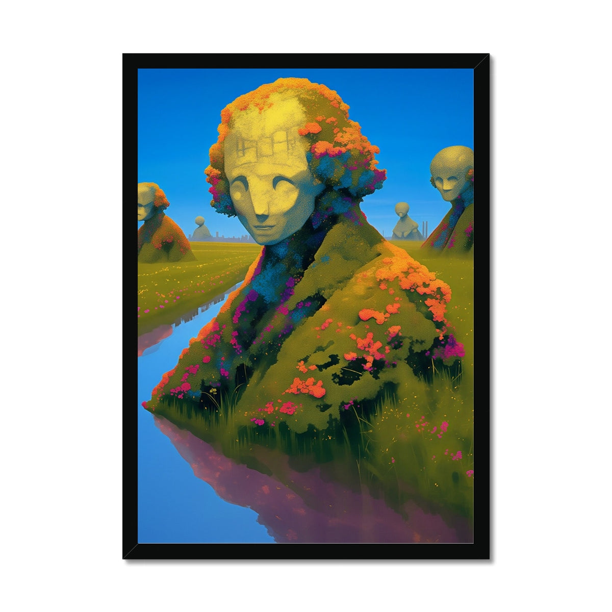 The Bloom-Buried Thinker – Neon Surrealism – Framed Print by Soulkeeper2099