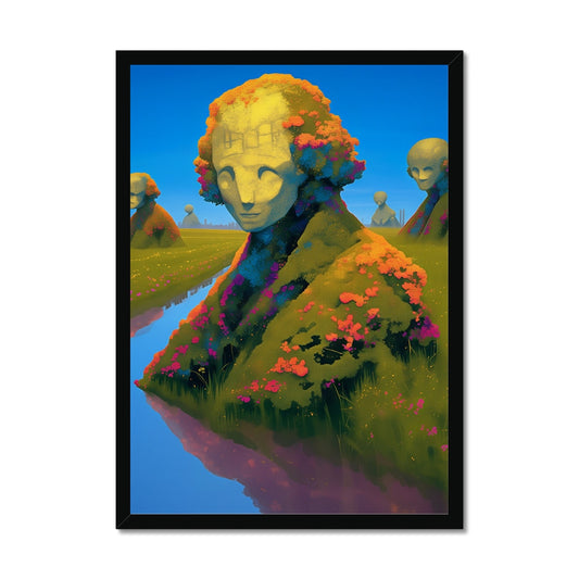 The Bloom-Buried Thinker – Surreal Landscape Art – Framed Print by Soulkeeper2099