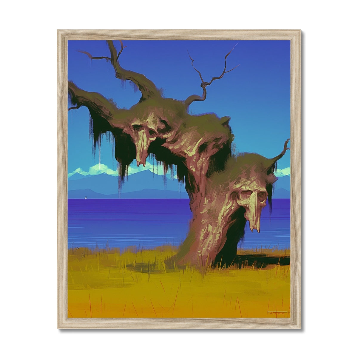 Gnarled tree with two skull-faced knots draped in mossy tendrils – natural wood framed art print by Soulkeeper2099.