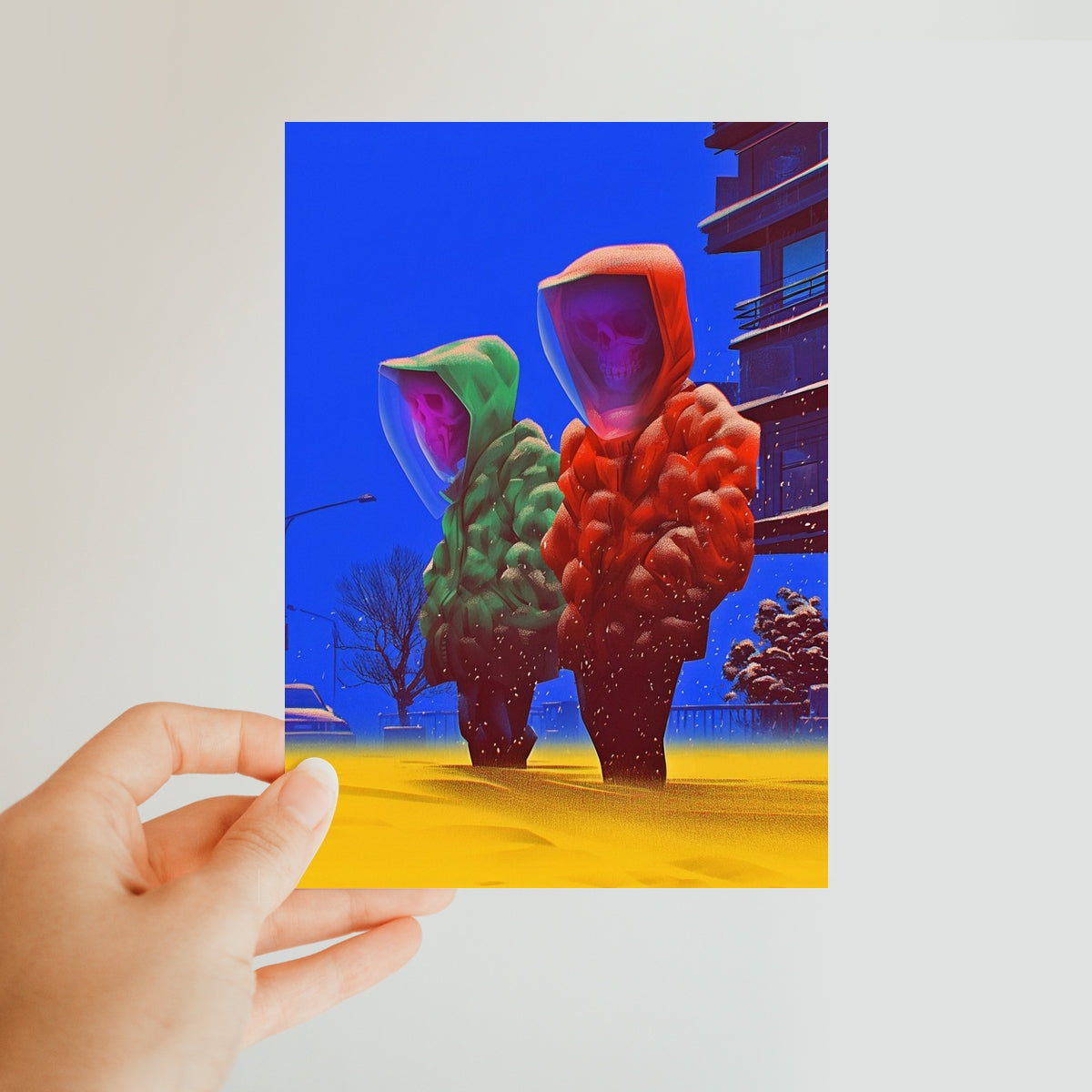 Twin Ghosts on the Snow Street Classic Postcard – Neon Surrealism – Art Print detail view by Soulkeeper2099