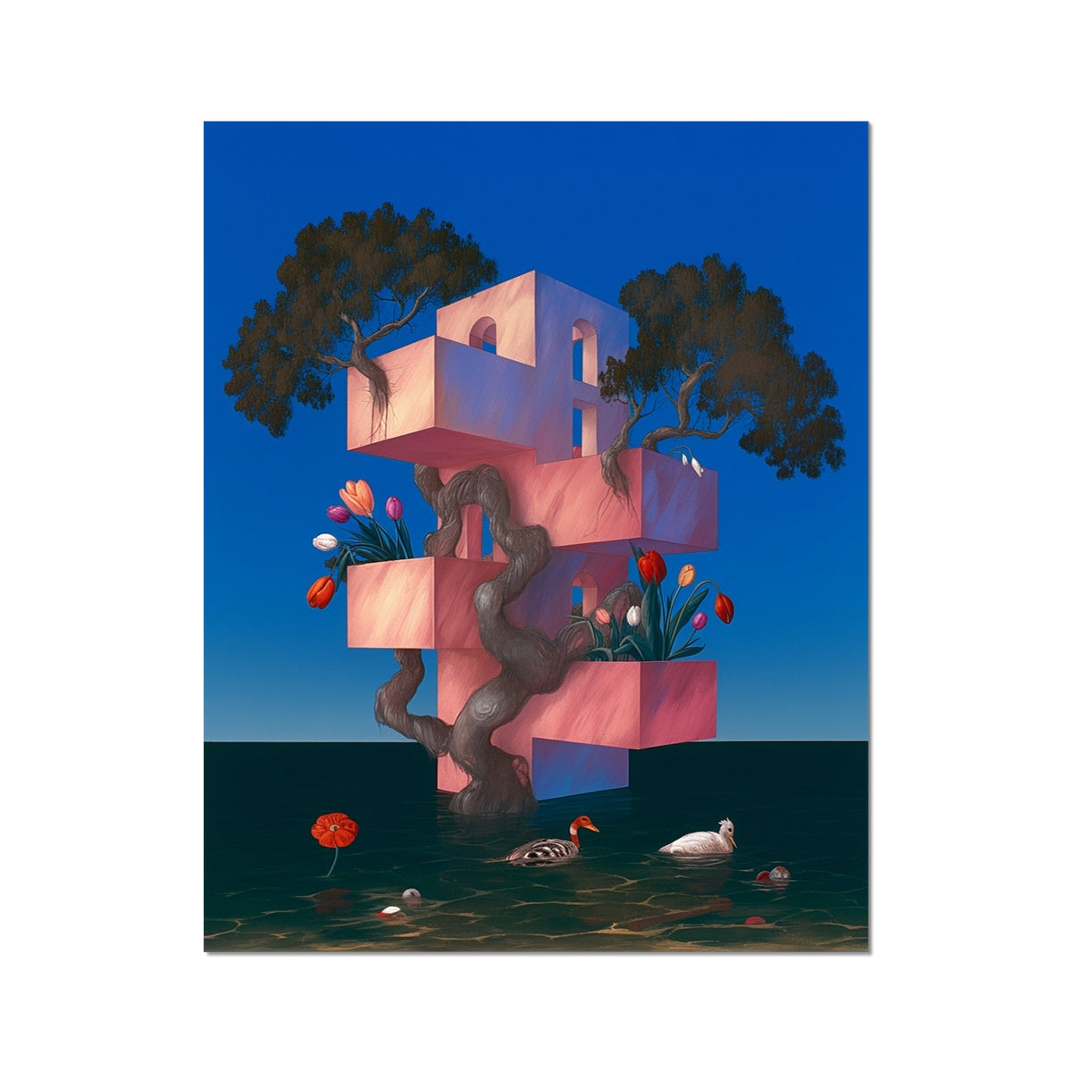 Pink tiered structure rooted in a gnarled tree trunk, tulips and trees sprouting from its terraces – unframed giclée art print by Soulkeeper2099.