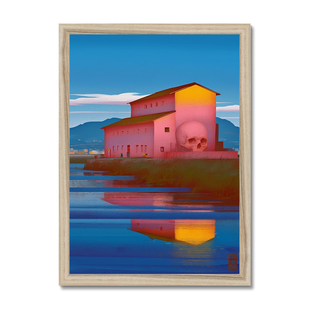 Pink coastal building with a giant embedded white skull and a glowing yellow gable, misty mountains behind – natural wood framed art print by Soulkeeper2099.