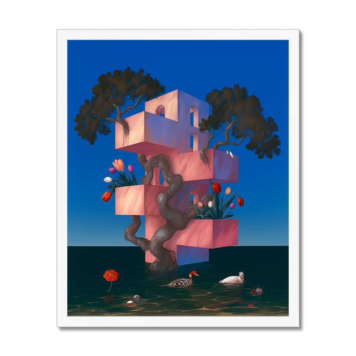 Pink tiered structure rooted in a gnarled tree trunk, tulips and trees sprouting from its terraces – white framed art print by Soulkeeper2099.