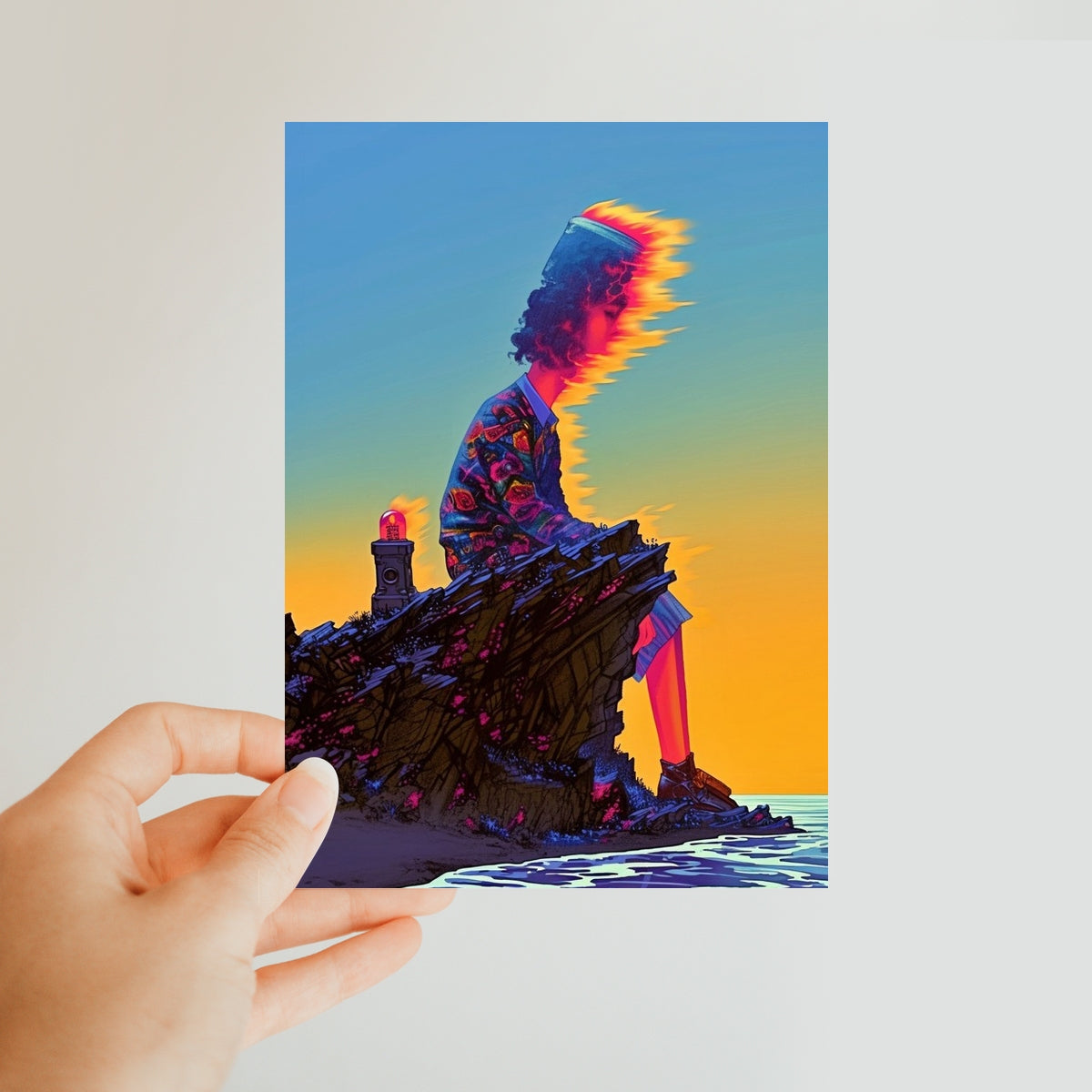 Twilight Beacon on the Broken Cliff Classic Postcard – Neon Surrealism – Art Print detail view by Soulkeeper2099