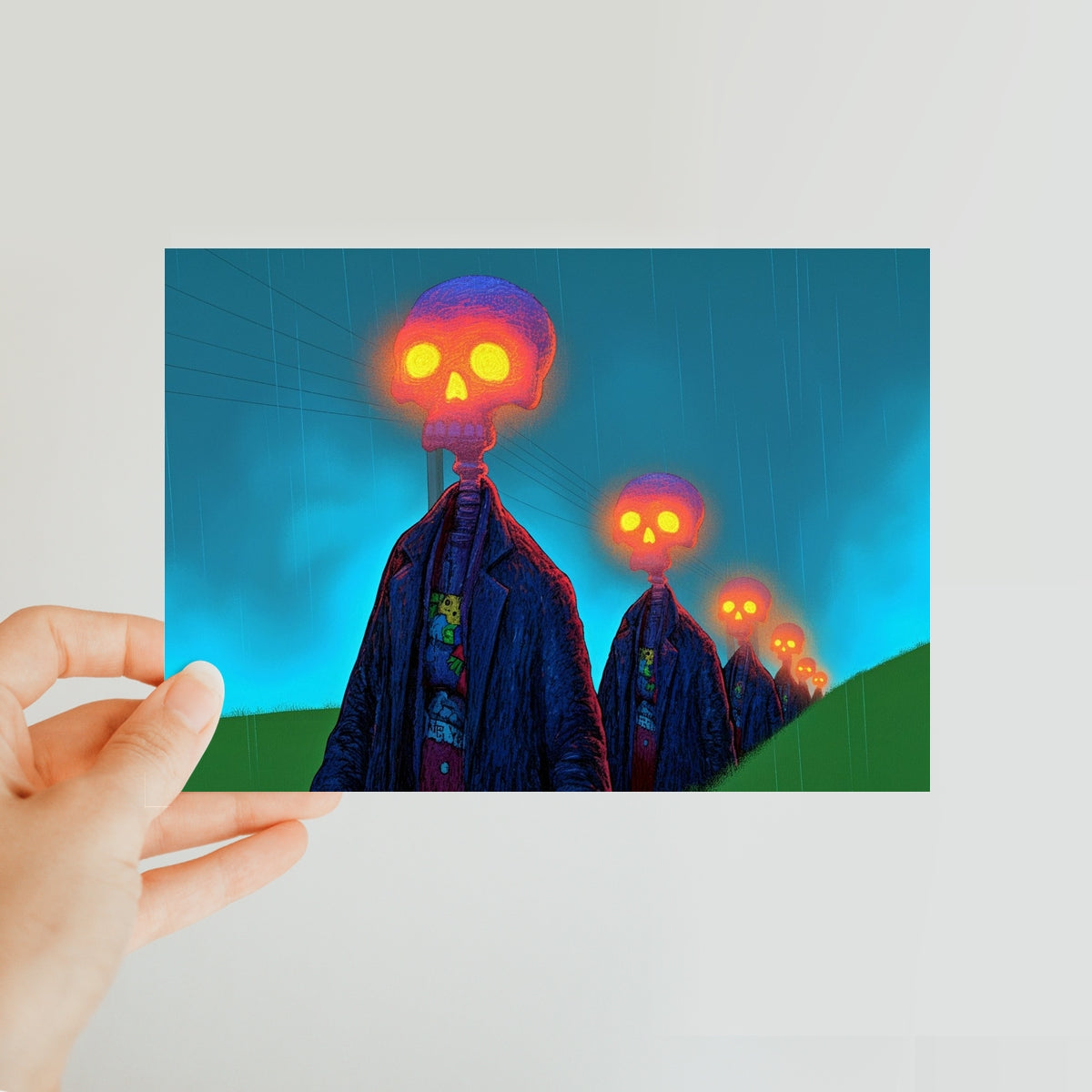 The Skull Parade in the Rain Classic Postcard – Neon Surrealism – Art Print by Soulkeeper2099