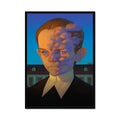 Stern boy in a vintage collar and dark jacket, half his face and hair replaced by a swirling violet cloud texture, green colonial house behind against a blue sky; surreal dreamlike, black frame.