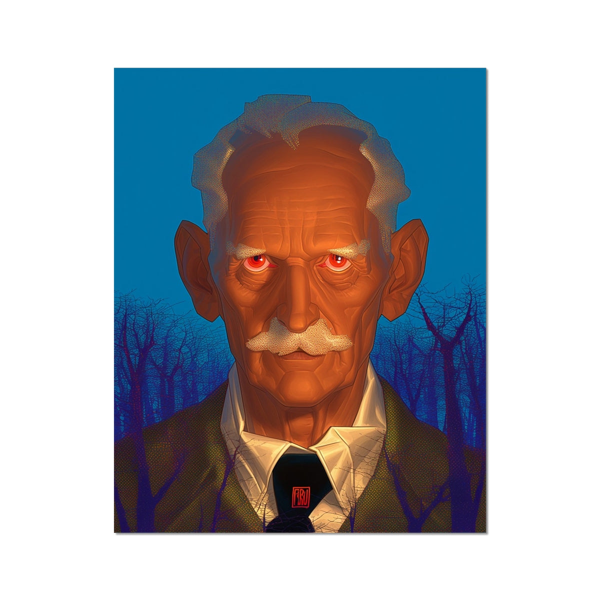 Weathered elderly man with glowing red eyes and a bushy white mustache against a deep blue night sky – unframed giclée art print by Soulkeeper2099.
