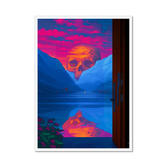 The Skull at Dusk Beyond the Door – Neon Surrealism – Framed Print detail view by Soulkeeper2099