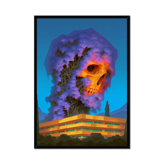 The Violet Specter Above the Building – Neon Surrealism – Framed Print by Soulkeeper2099