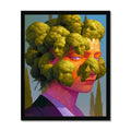 Profile portrait of an orange-skinned man with pale lavender eyes, his hair formed from clusters of moss-green cauliflower-textured faces, dark suit against cypress trees; surreal body-horror, black frame.