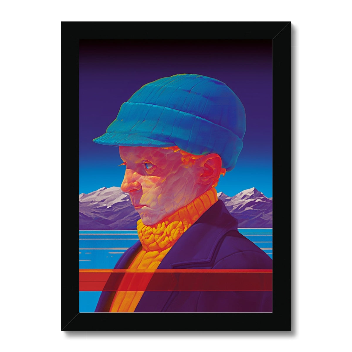 Profile portrait of a weathered elder in a blue knit cap and chunky orange turtleneck, dark coat, a red horizontal band over a lake and snow-capped mountains behind; surreal dreamlike mood, black frame.