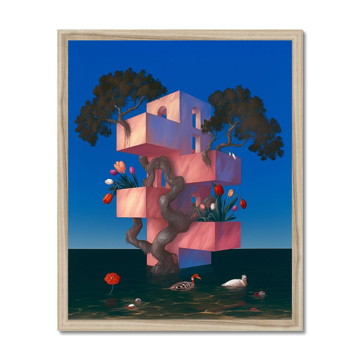 Pink tiered structure rooted in a gnarled tree trunk, tulips and trees sprouting from its terraces – natural wood framed art print by Soulkeeper2099.