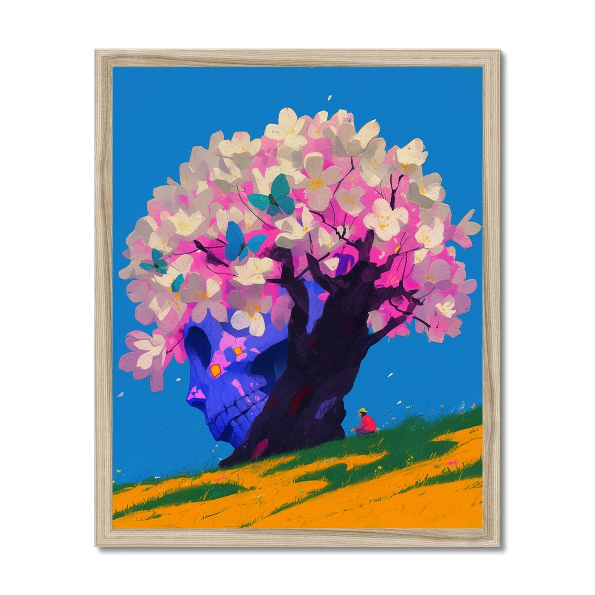 Giant blue skull-shaped tree trunk crowned with pink-and-white blossoms and teal butterflies – natural wood framed art print by Soulkeeper2099.