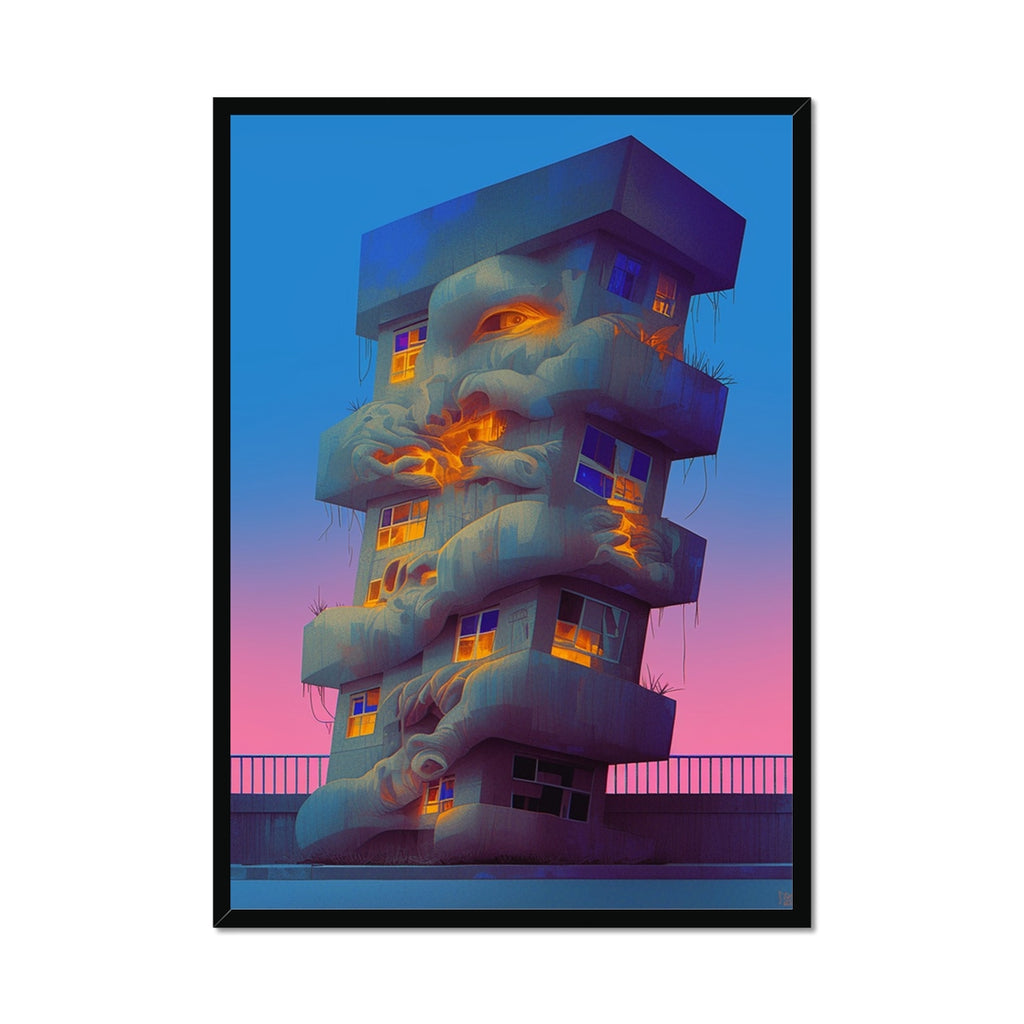 Brutalist high-rise tower entwined with gnarled root-like growths and a glowing eye embedded in its concrete facade, warm lit windows against a blue-to-pink dusk sky; surreal dystopian, black frame.