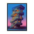 Brutalist high-rise tower entwined with gnarled root-like growths and a glowing eye embedded in its concrete facade, warm lit windows against a blue-to-pink dusk sky; surreal dystopian, black frame.