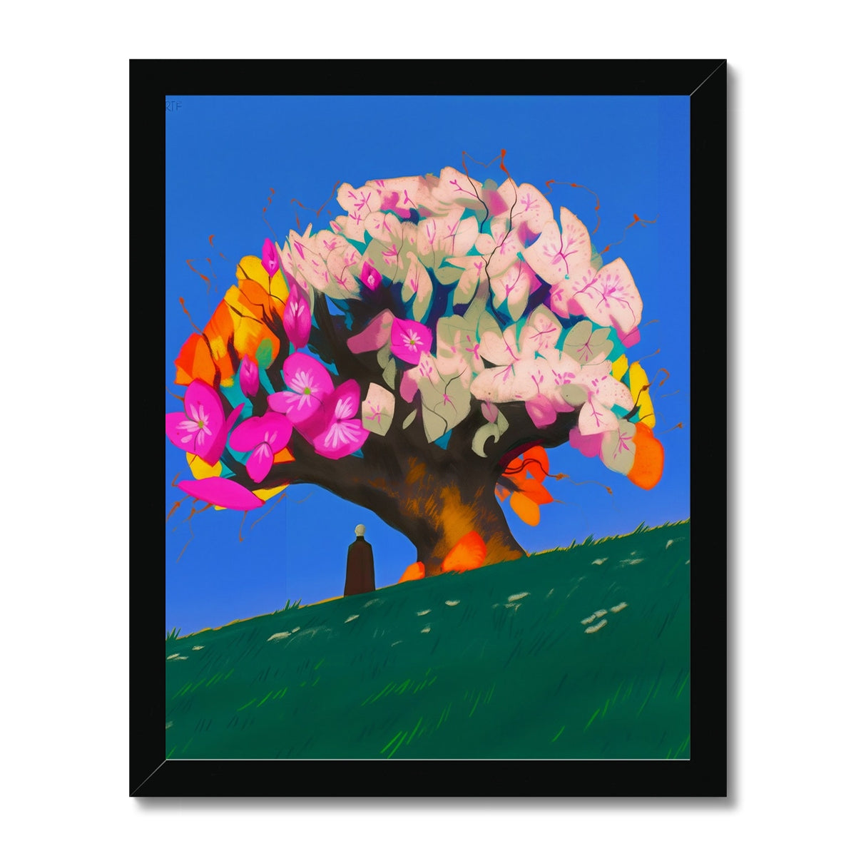 The Watcher Beneath the Great Bloom – Neon Surrealism – Framed Print by Soulkeeper2099