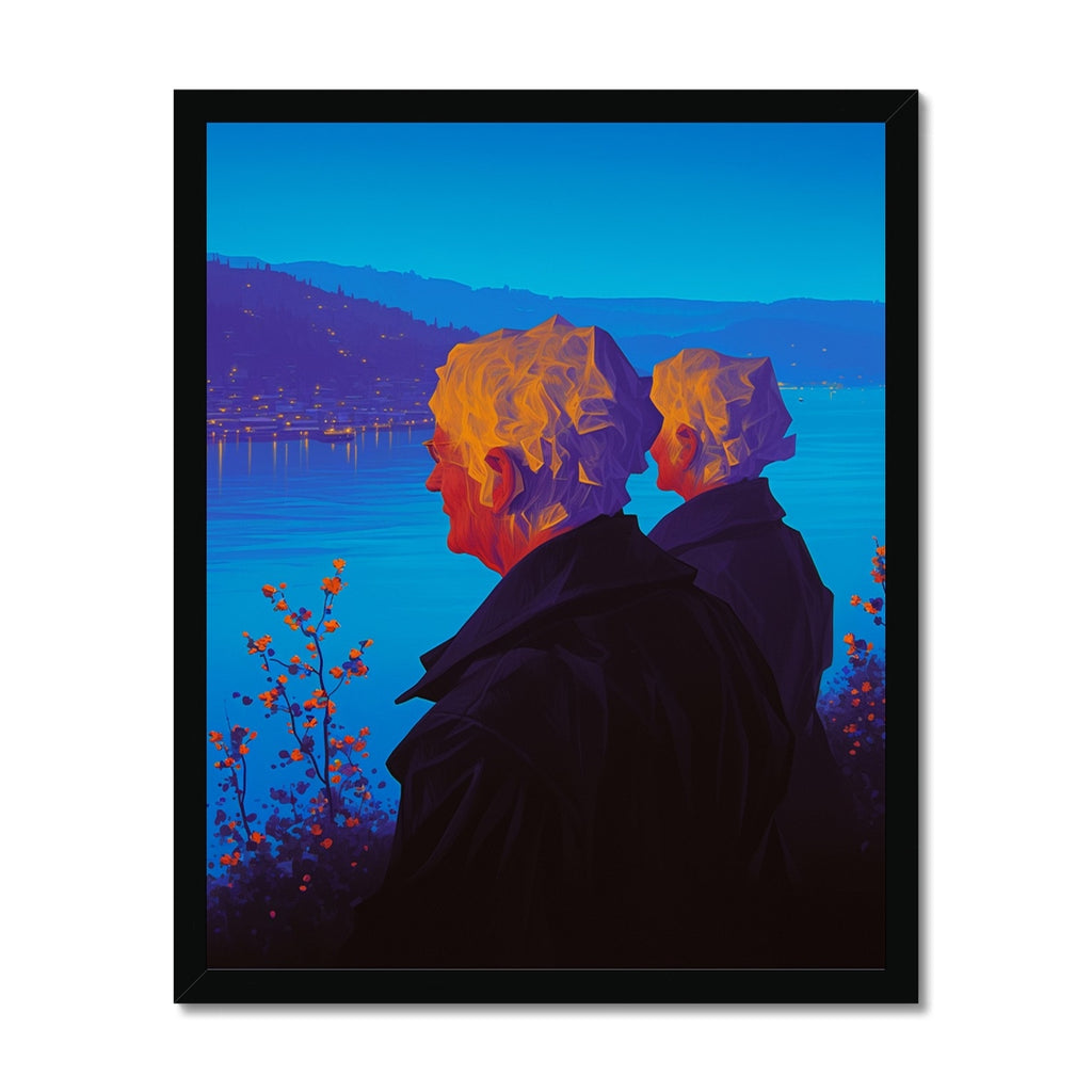 Two overlapping silhouetted figures with golden rim-lit curly hair gaze over a twilight blue lake town, orange blossom branches in the foreground; dreamlike, black frame.