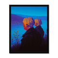 Two overlapping silhouetted figures with golden rim-lit curly hair gaze over a twilight blue lake town, orange blossom branches in the foreground; dreamlike, black frame.