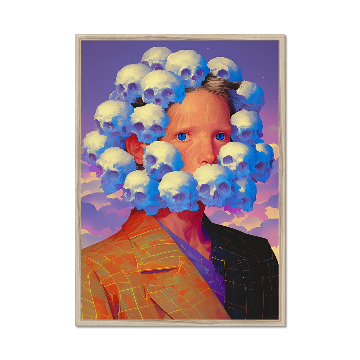 Young person's face ringed by a crown of pale blue-white skulls – natural wood framed art print by Soulkeeper2099.