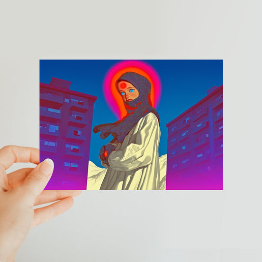 Neon Saint of the Apartment Blocks Classic Postcard – Neon Surrealism – Art Print by Soulkeeper2099