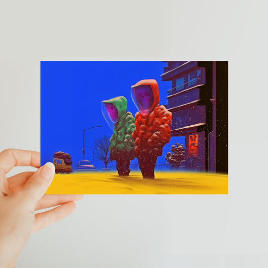 Twin Ghosts on the Snow Street Classic Postcard – Neon Surrealism – Art Print by Soulkeeper2099