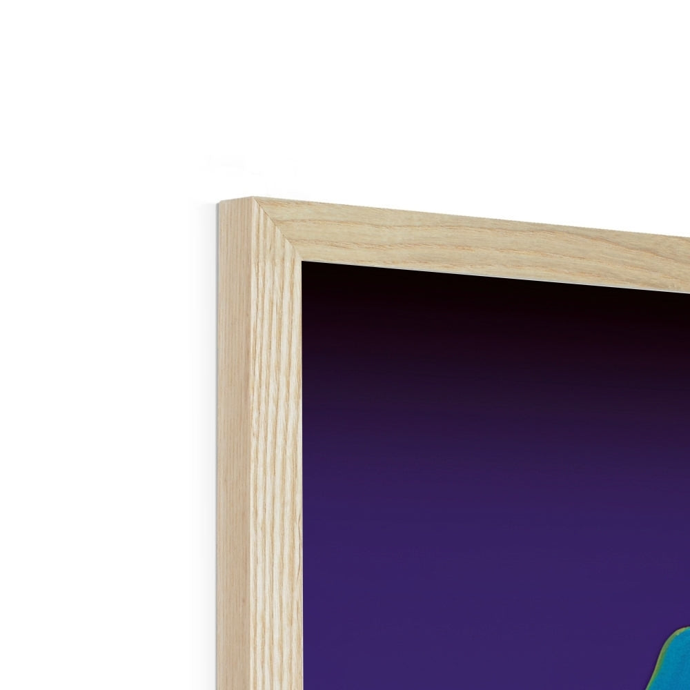 Side profile showing the depth of the natural wood frame on “The Blue-Capped Drifter” – Soulkeeper2099 framed art print.