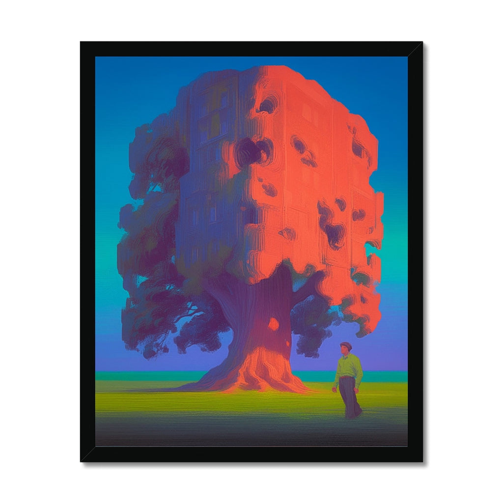 Massive tree whose canopy splits into leafy blue-purple foliage on one side and a hollowed orange apartment-building facade on the other, tiny figure standing at its base on green grass; surreal dreamlike, black frame.