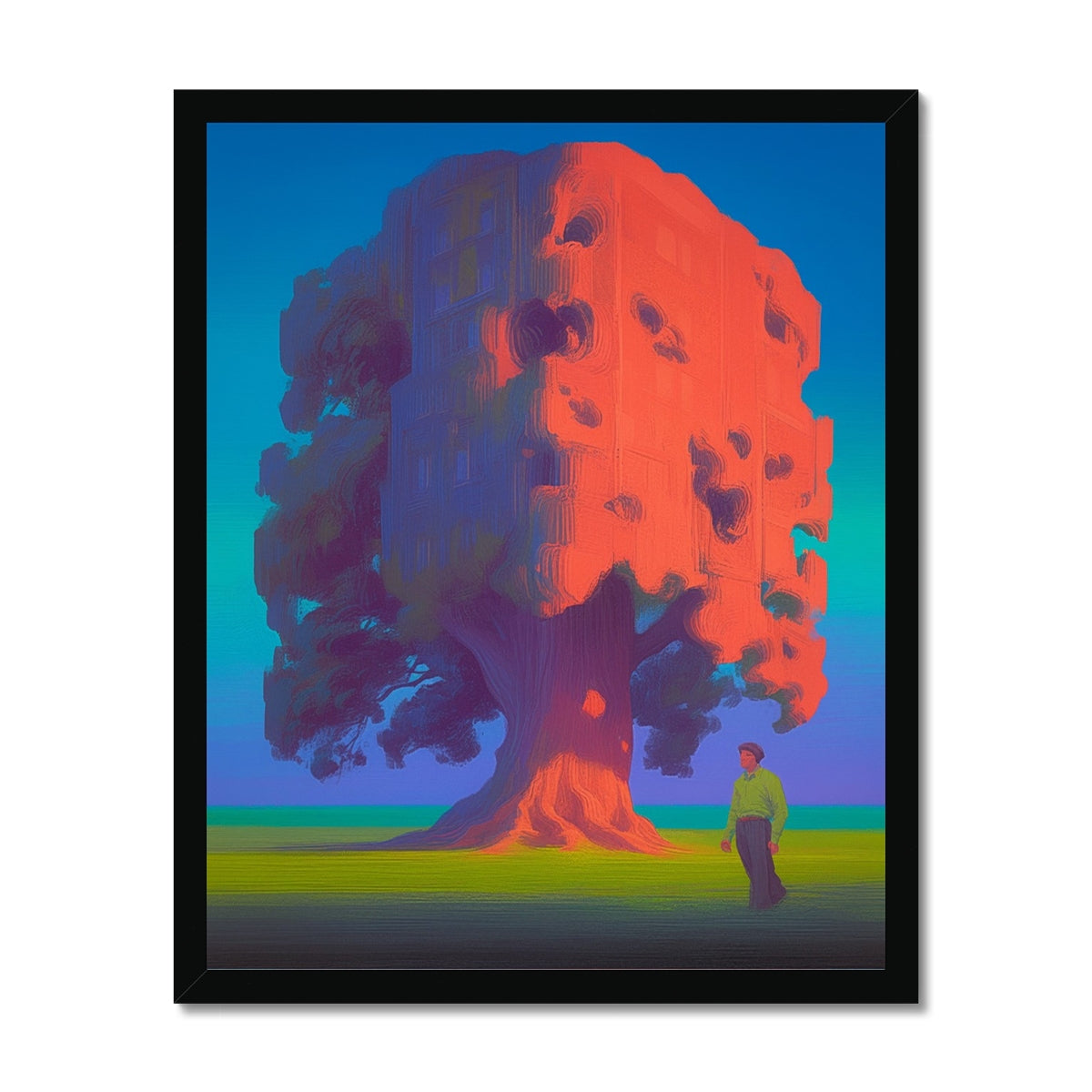 Massive tree whose canopy splits into leafy blue-purple foliage on one side and a hollowed orange apartment-building facade on the other, tiny figure standing at its base on green grass; surreal dreamlike, black frame.