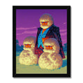 Three fluffy cloud-bearded figures with orange faces and glowing blue eyes stand in falling rain, the tallest in a dark textured blazer with blue collar; surreal, magenta dusk, black frame.