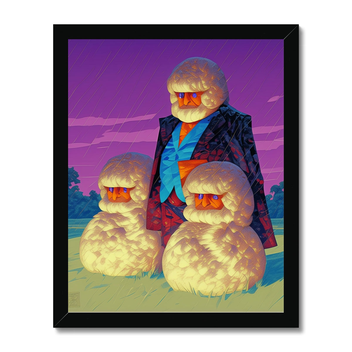 Three fluffy cloud-bearded figures with orange faces and glowing blue eyes stand in falling rain, the tallest in a dark textured blazer with blue collar; surreal, magenta dusk, black frame.