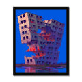 Crumbling, twisted high-rise apartment block with gaping holes and fiery orange interior glow, red graffiti on lower floors, reflected in still blue water; surreal dystopian, black frame.