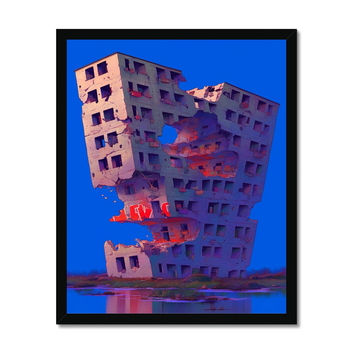 Crumbling, twisted high-rise apartment block with gaping holes and fiery orange interior glow, red graffiti on lower floors, reflected in still blue water; surreal dystopian, black frame.