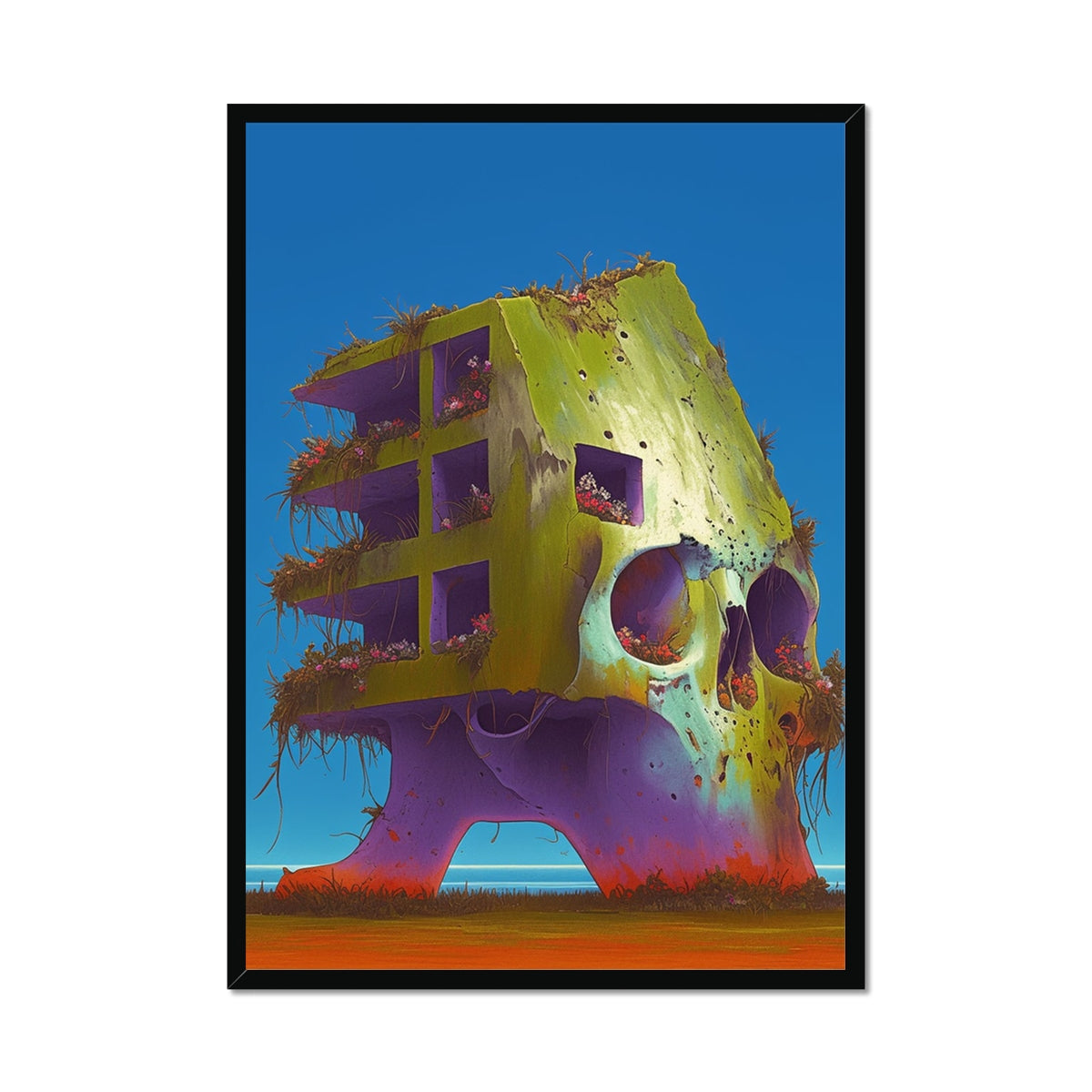 Moss-covered concrete building shaped like a giant skull, with flowering vines spilling from window-socket openings, standing on purple legs above a shoreline; surreal dystopian mood, black frame.