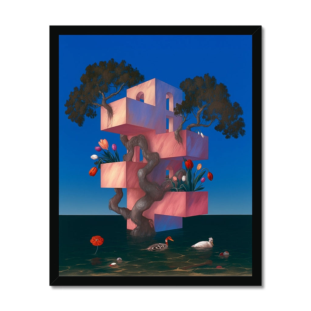 Pink cantilevered tower structure rising from dark water, gnarled tree trunks winding through its blocks, tulips blooming from openings, trees crowning the top, ducks swimming below; surreal, dreamlike, black frame.