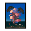 Pink cantilevered tower structure rising from dark water, gnarled tree trunks winding through its blocks, tulips blooming from openings, trees crowning the top, ducks swimming below; surreal, dreamlike, black frame.
