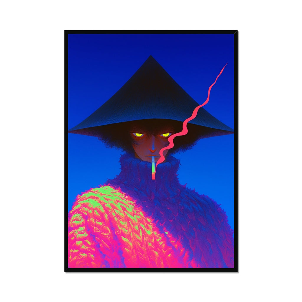 Shadowy figure in a wide conical hat with glowing yellow eyes smokes a cigarette trailing neon-pink smoke, wearing a fluffy pink-green fur coat against a deep blue backdrop; neon, mysterious, black frame.