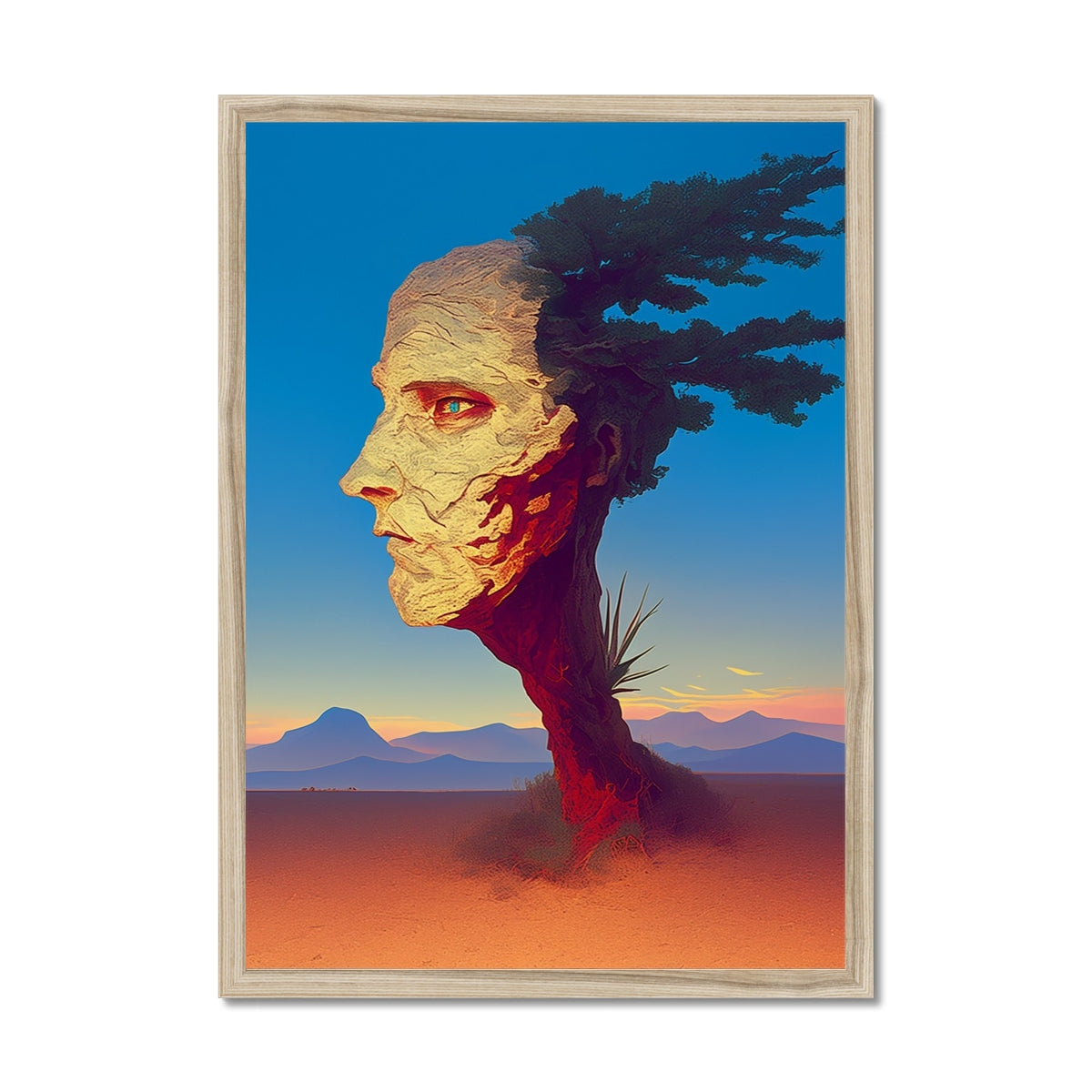 A profile rises from the cracked earth—part tree, part human, part ancient effigy carved by wind and sand – natural wood framed art print by Soulkeeper2099.