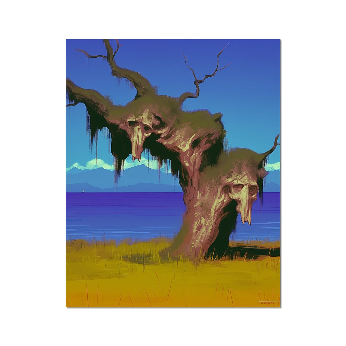 Gnarled tree with two skull-faced knots draped in mossy tendrils, rising above a golden marsh beside a blue coastal bay; dystopian, unframed print.