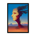 Weathered stone profile of a face merging into a windswept desert tree trunk, one blue eye visible, dusty orange desert floor, distant mountains under a dusk sky; surreal, black frame.