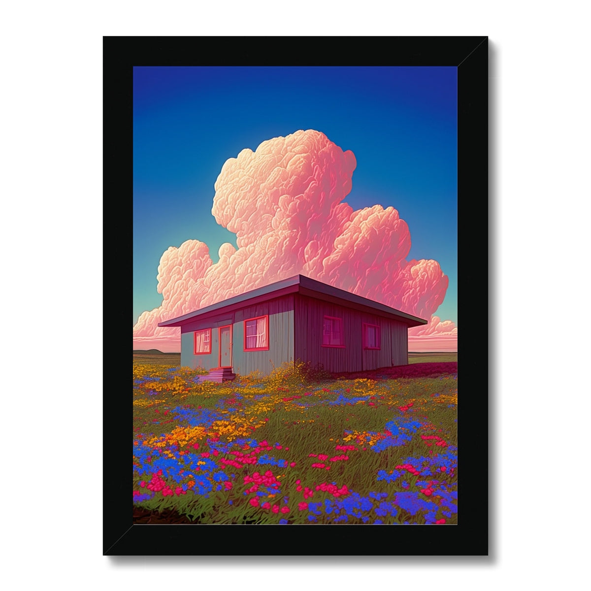 Small gray house with red-trimmed windows in a colorful wildflower meadow beneath a towering pink cumulus cloud, blue sky; dreamlike, black frame.